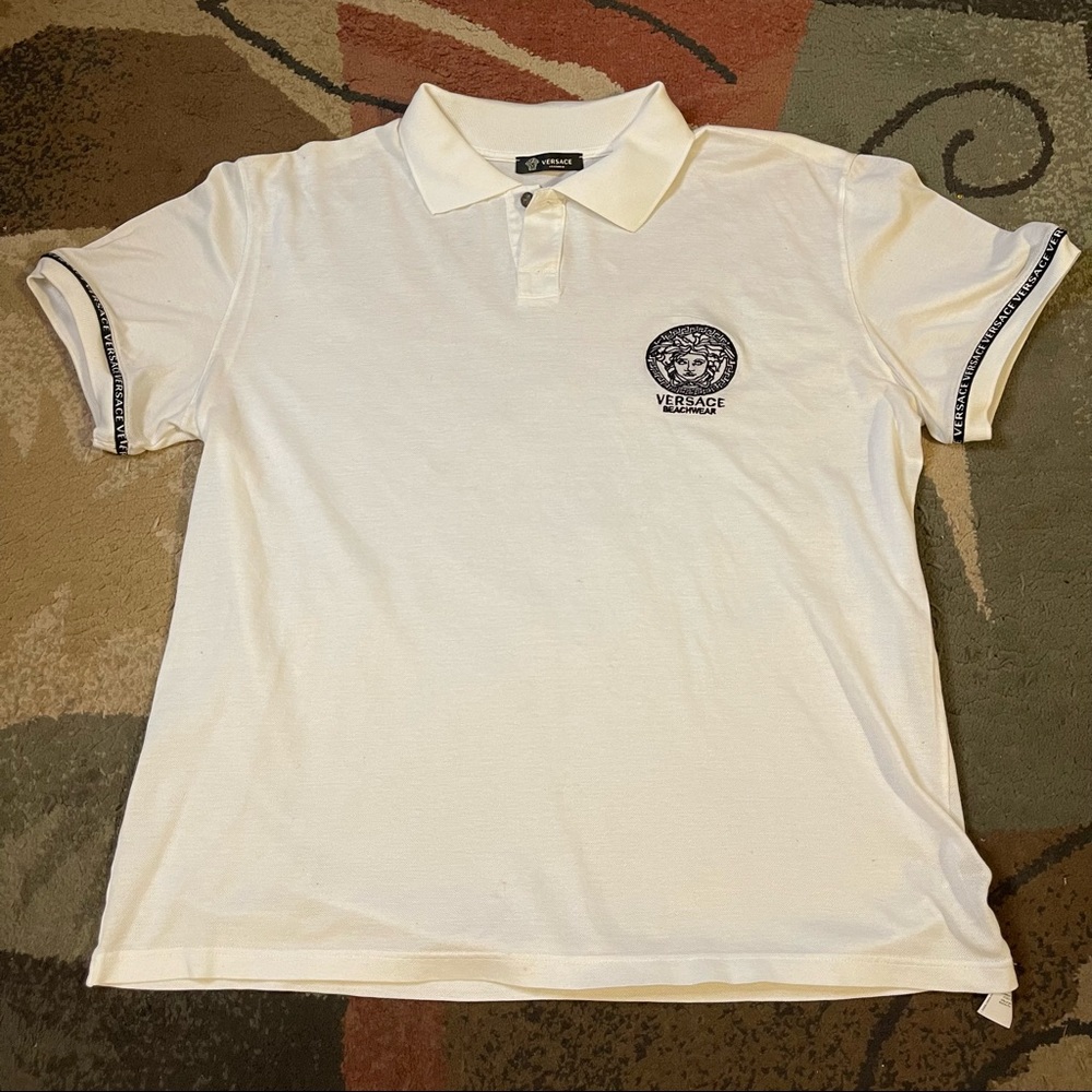 Vintage Versace Beach Wear White Embroidered Polo Shirt Size Men’s Small